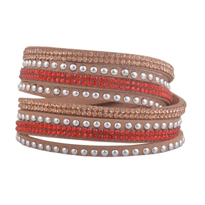 Red and Rose Gold Crystals on Tan Double Wrap Bracelet