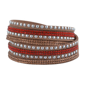 Red and Rose Gold Crystals on Tan Double Wrap Bracelet