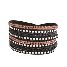 Load image into Gallery viewer, Rose Gold and Black Crystals on Black Double Wrap Bracelet
